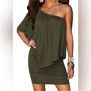One-Shoulder Olive Green Casual Mini Dress
